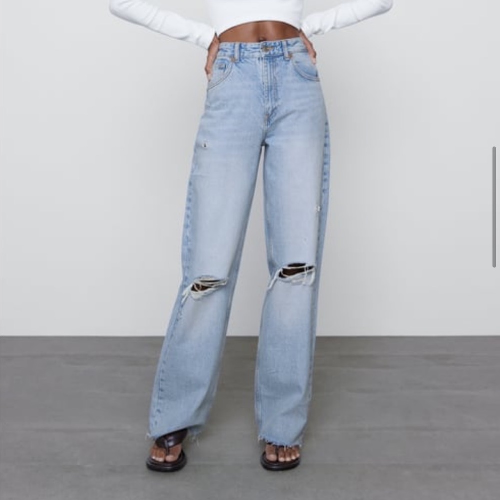 zara light wash wide leg full length ripped jeans